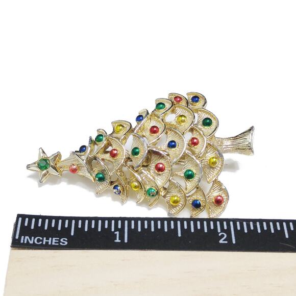 Gerry’s Christmas Tree Brooch Gold Tone Enamel Ornaments 1960s Vintage - Picture 6 of 10